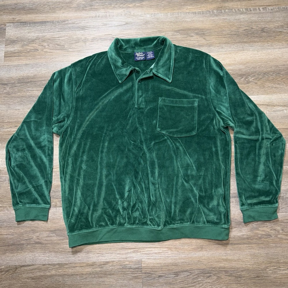 VTG John Blair Sweater Polo Shirt Mens XL Long Sleeve Green Velour Material